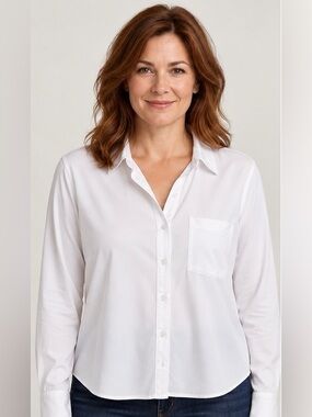 LYSSÉ White Button-Front Collared Blouse with Front Patch Pocket — Size XL